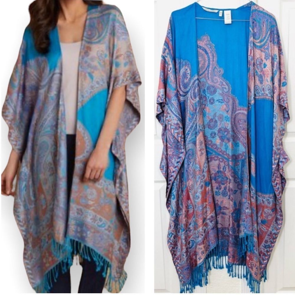 Soft Surroundings Longline Cardigan Kimono Harmony Topper Blue Paisley Fringe